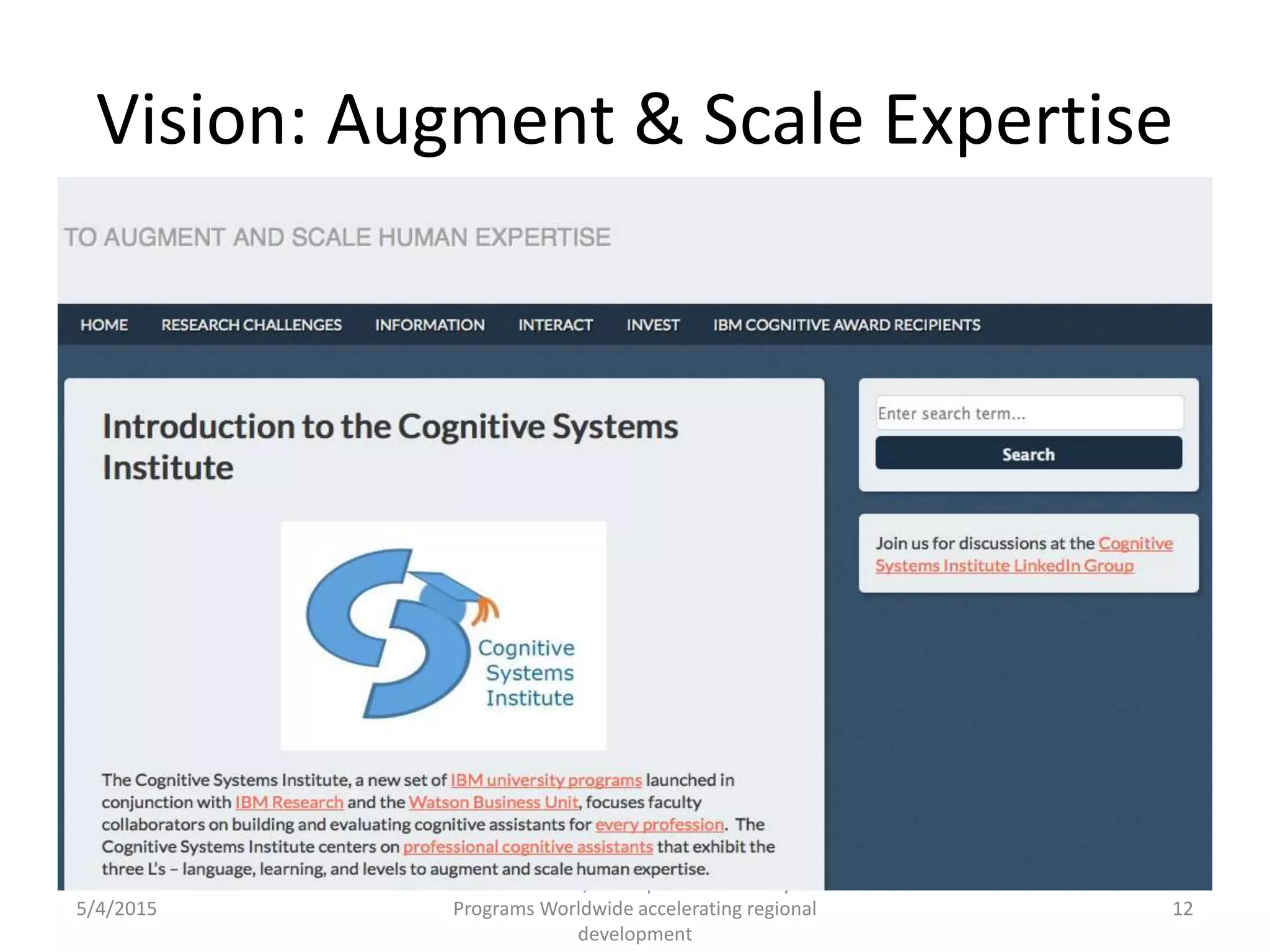 Vision: Augment & Scale Expertise
5/4/2015
© IBM 2015, IBM Upward University
Programs Worldwide accelerating regional
development
12
 