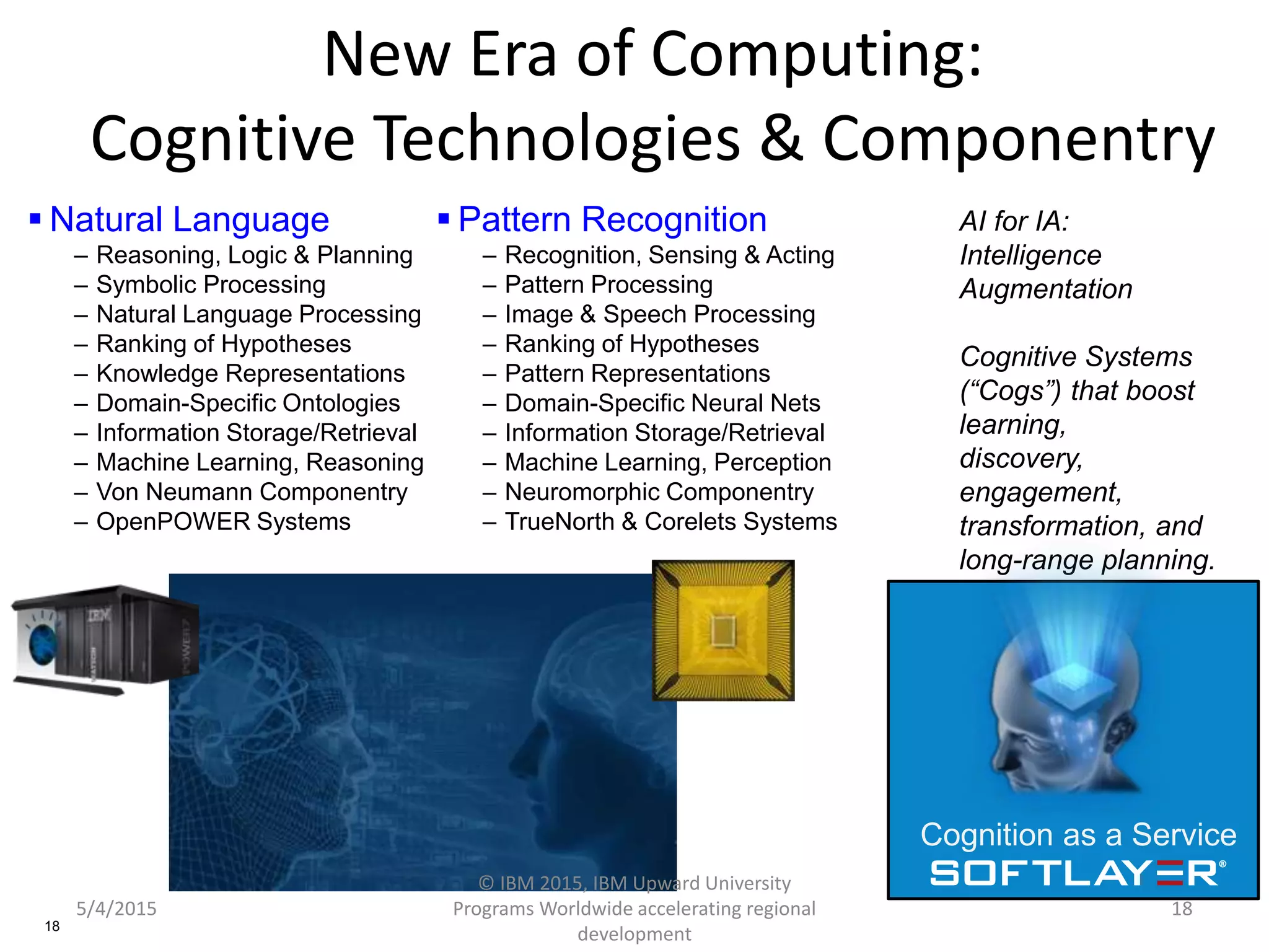 New Era of Computing:
Cognitive Technologies & Componentry
18
 Natural Language
– Reasoning, Logic & Planning
– Symbolic Processing
– Natural Language Processing
– Ranking of Hypotheses
– Knowledge Representations
– Domain-Specific Ontologies
– Information Storage/Retrieval
– Machine Learning, Reasoning
– Von Neumann Componentry
– OpenPOWER Systems
 Pattern Recognition
– Recognition, Sensing & Acting
– Pattern Processing
– Image & Speech Processing
– Ranking of Hypotheses
– Pattern Representations
– Domain-Specific Neural Nets
– Information Storage/Retrieval
– Machine Learning, Perception
– Neuromorphic Componentry
– TrueNorth & Corelets Systems
AI for IA:
Intelligence
Augmentation
Cognitive Systems
(“Cogs”) that boost
learning,
discovery,
engagement,
transformation, and
long-range planning.
Cognition as a Service
5/4/2015
© IBM 2015, IBM Upward University
Programs Worldwide accelerating regional
development
18
 