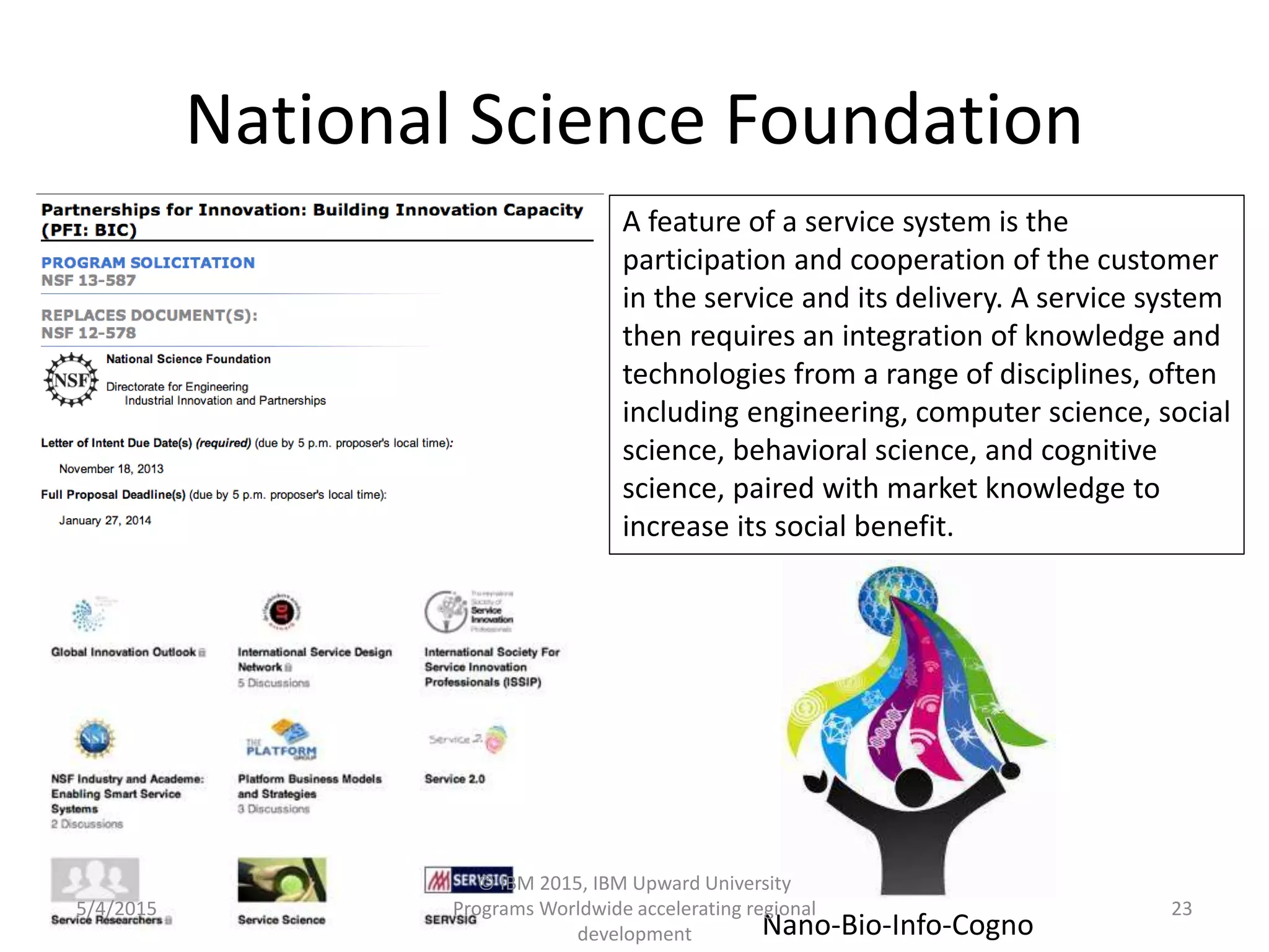 National Science Foundation
A feature of a service system is the
participation and cooperation of the customer
in the service and its delivery. A service system
then requires an integration of knowledge and
technologies from a range of disciplines, often
including engineering, computer science, social
science, behavioral science, and cognitive
science, paired with market knowledge to
increase its social benefit.
Nano-Bio-Info-Cogno
5/4/2015
© IBM 2015, IBM Upward University
Programs Worldwide accelerating regional
development
23
 