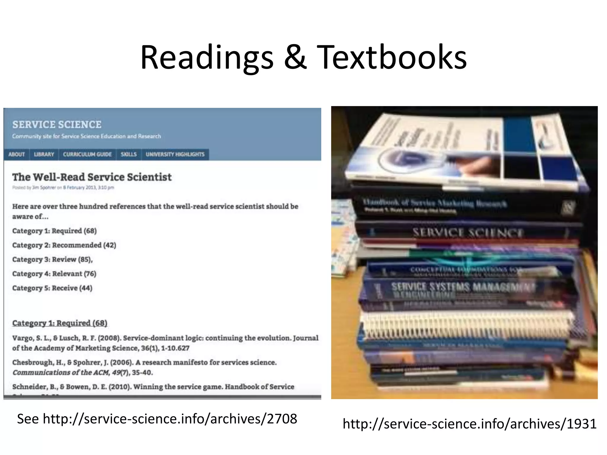 Readings & Textbooks
See http://service-science.info/archives/2708 http://service-science.info/archives/1931
 