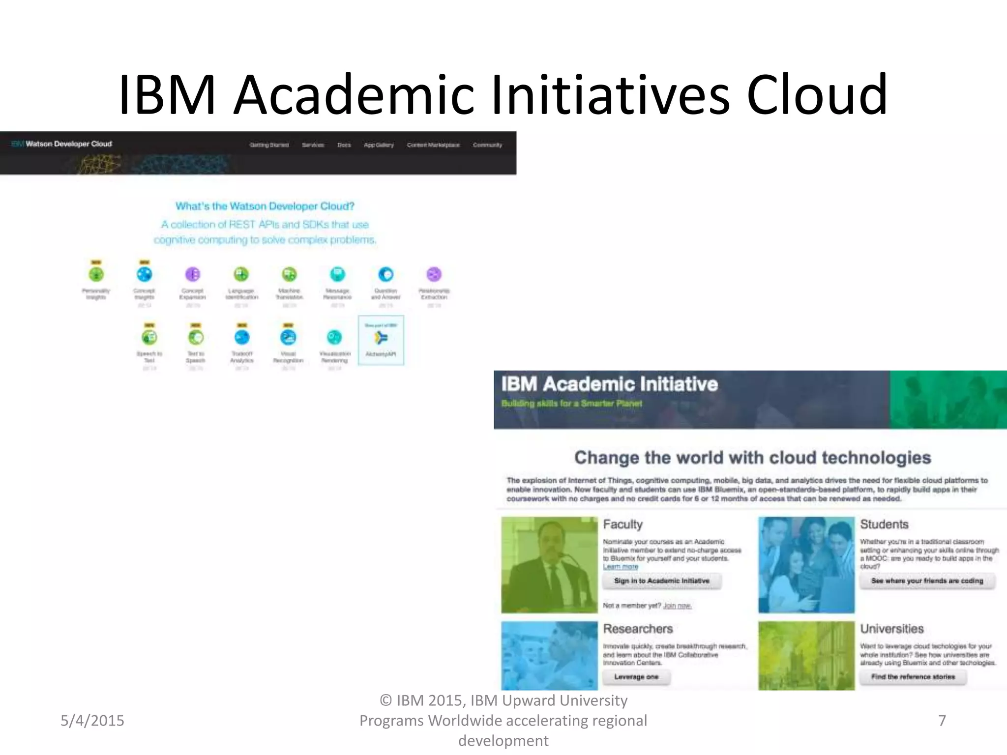 IBM Academic Initiatives Cloud
5/4/2015
© IBM 2015, IBM Upward University
Programs Worldwide accelerating regional
development
7
 