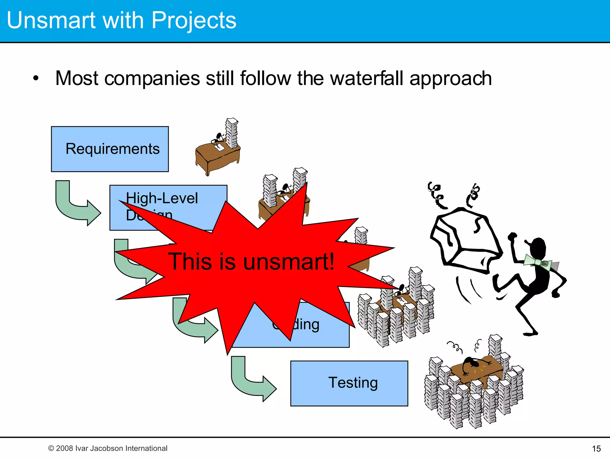Unsmart with Projects © 2008 Ivar Jacobson International This is unsmart! Most companies still follow the waterfall approach Requirements High-Level  Design Detailed-Level  Design Coding Testing 