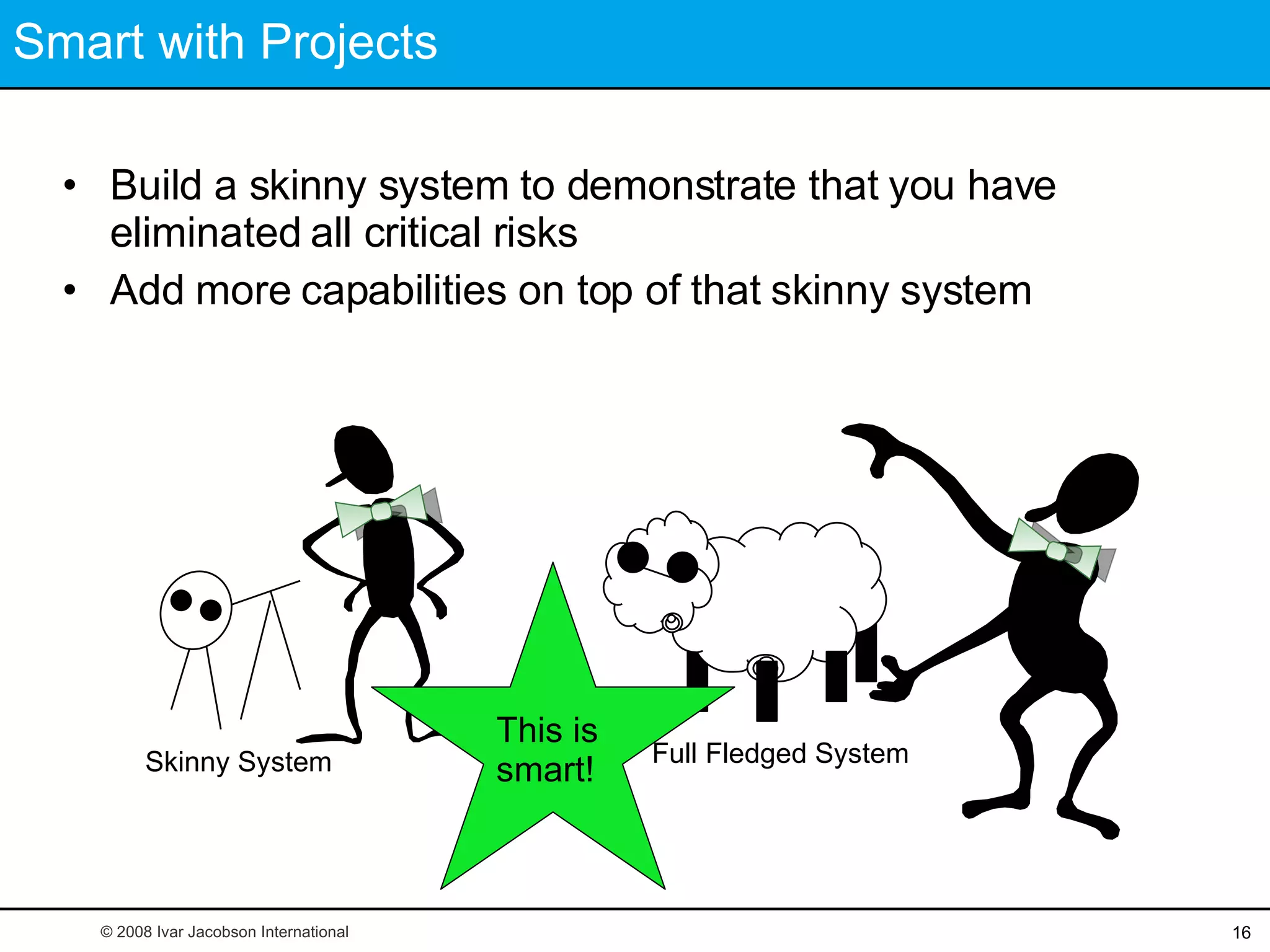 Smart with Projects Build a skinny system to demonstrate that you have eliminated all critical risks Add more capabilities on top of that skinny system Skinny System Full Fledged System This is smart! © 2008 Ivar Jacobson International 