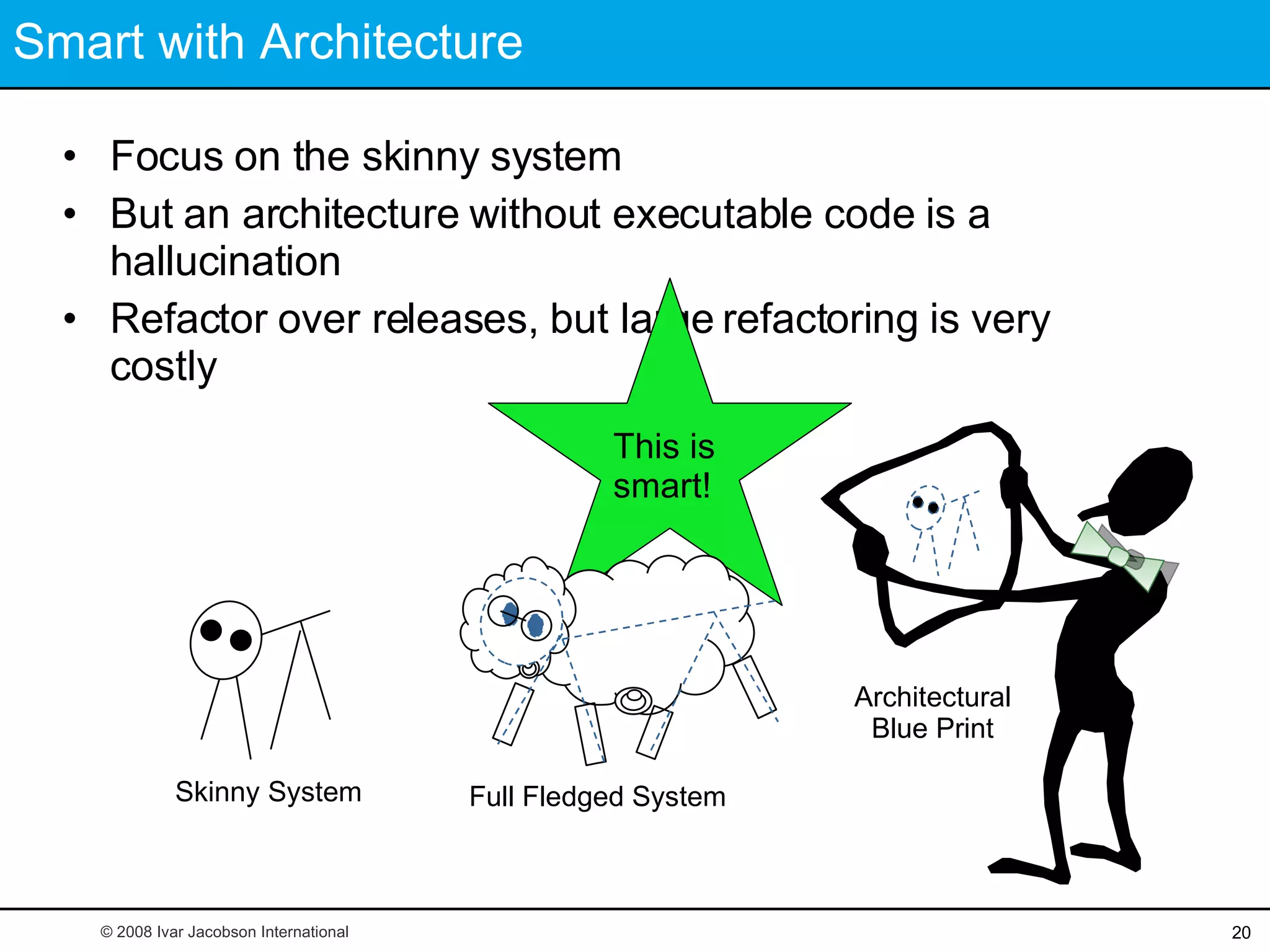 Smart with Architecture Focus on the skinny system But an architecture without executable code is a hallucination Refactor over releases, but large refactoring is very costly This is smart! © 2008 Ivar Jacobson International Skinny System Full Fledged System Architectural Blue Print 