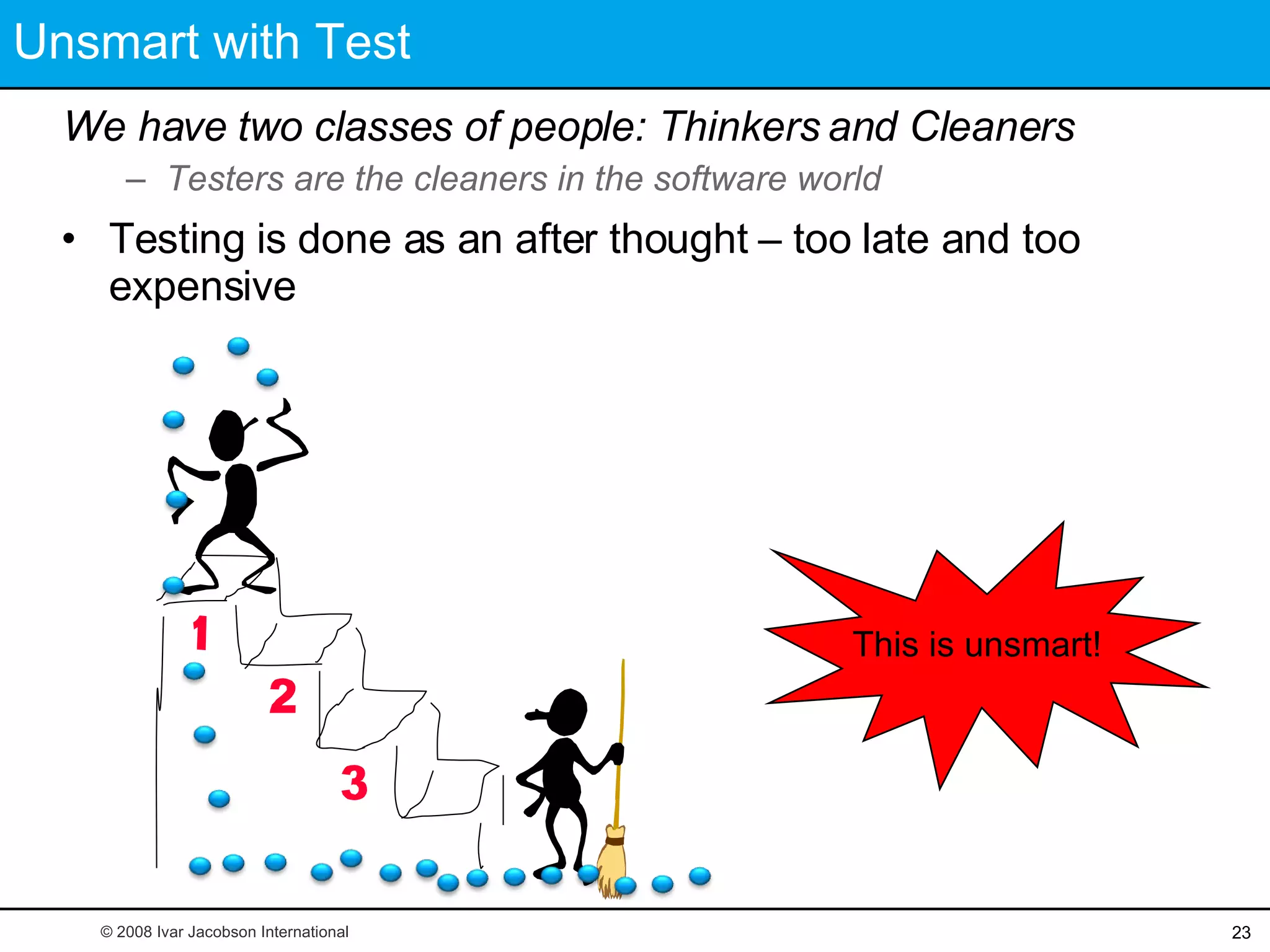 Unsmart with Test We have two classes of people: Thinkers and Cleaners Testers are the cleaners in the software world This is unsmart! © 2008 Ivar Jacobson International Testing is done as an after thought – too late and too expensive 