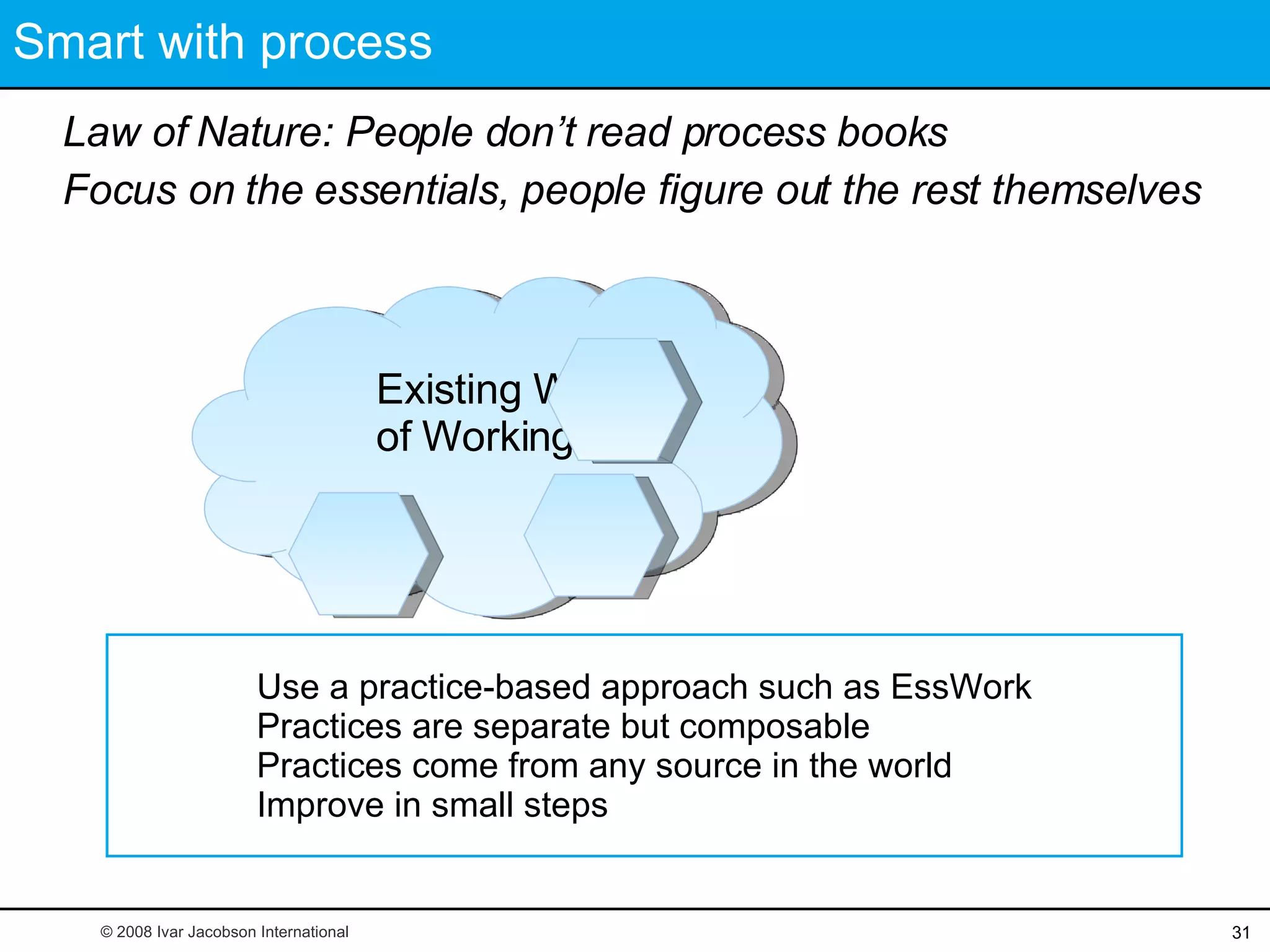 Smart with process Law of Nature: People don’t read process books Focus on the essentials, people figure out the rest themselves Use a practice-based approach such as EssWork Practices are separate but composable Practices come from any source in the world Improve in small steps © 2008 Ivar Jacobson International Existing Way  of Working 