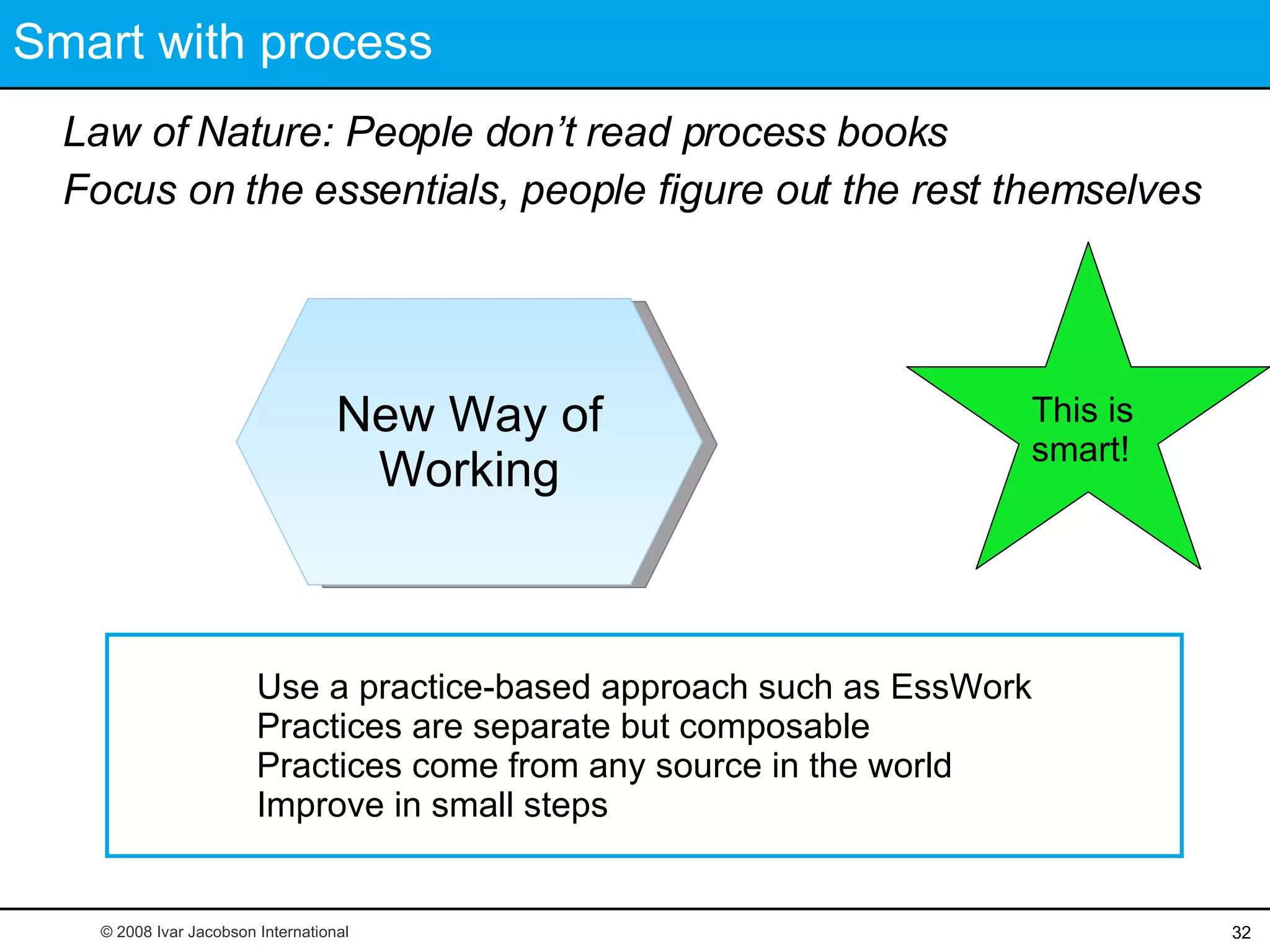 Smart with process Law of Nature: People don’t read process books Focus on the essentials, people figure out the rest themselves Use a practice-based approach such as EssWork Practices are separate but composable Practices come from any source in the world Improve in small steps © 2008 Ivar Jacobson International New Way of Working This is smart! 