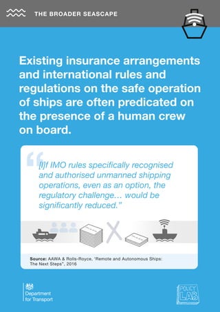 THE BROADER SEASCAPE
Existing insurance arrangements
and international rules and
regulations on the safe operation
of ships are often predicated on
the presence of a human crew
on board.
[I]f IMO rules specifically recognised
and authorised unmanned shipping
operations, even as an option, the
regulatory challenge… would be
significantly reduced.”
Source: AAWA & Rolls-Royce, ‘Remote and Autonomous Ships:
The Next Steps”, 2016
 