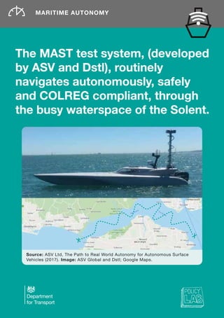 Source: ASV Ltd, The Path to Real World Autonomy for Autonomous Surface
Vehicles (2017). Image: ASV Global and Dstl; Google Maps.
The MAST test system, (developed
by ASV and Dstl), routinely
navigates autonomously, safely
and COLREG compliant, through
the busy waterspace of the Solent.
MARITIME AUTONOMY
 