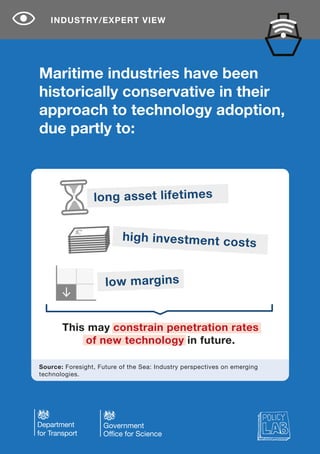 INDUSTRY/EXPERT VIEW
Source: Foresight, Future of the Sea: Industry perspectives on emerging
technologies.
Maritime industries have been
historically conservative in their
approach to technology adoption,
due partly to:
long asset lifetimes
high investment costs
low margins
This may constrain penetration rates
of new technology in future.
 