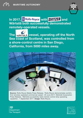 MARITIME AUTONOMY
In 2017, Rolls-Royce with Svitzer, and
Wärtsilä both successfully demonstrated
remotely-operated vessels.
The Wärtsilä vessel, operating off the North
Sea coast of Scotland, was controlled from
a shore-control centre in San Diego,
California, from 5000 miles away.
Source: Rolls-Royce Media Press Release, ‘Rolls-Royce demonstrates world’s
first remotely operated commercial vessel’, 20 June 2017; Wärtsilä Corporation
Press Release, ‘Wärtsilä successfully tests remote control ship operating
capability’, 1 September 2017. Image: Rolls-Royce.
 