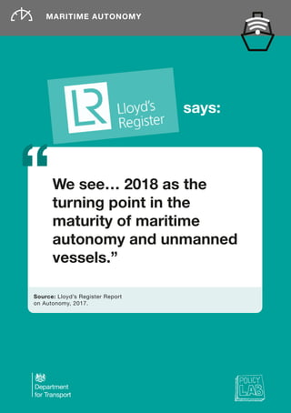 ea
f the Sea
ce Review
Office for Science
says:
Source: Lloyd’s Register Report
on Autonomy, 2017.
MARITIME AUTONOMY
We see… 2018 as the
turning point in the
maturity of maritime
autonomy and unmanned
vessels.”
 