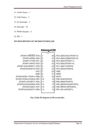 Smart Shopping System
Department of Computer Science and Engineering,JCE,Belagavi Page 15
31. 16-Bit Timers – 1
32. 8-Bit Timers – 2
33. Ext Interrupts – 2
34. Interrupts – 26
35. PWM Channels – 6
36. SPI – 1
PIN DESCRIPTION OF MICROCONTROLLER
Fig 3.4.6(b) Pin diagram of Microcontroller.
 