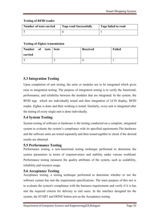 Smart Shopping System
Department of Computer Science and Engineering,JCE,Belagavi Page 35
Testing of RFID reader
Number of tests carried Tags read Successfully Tags failed to read
5 4 1
Testing of Zigbee transmission
Number of tests
carried
Sent Received Failed
5 5 4 1
5.3 Integration Testing
Upon completion of unit testing, the units or modules are to be integrated which gives
raise to integration testing. The purpose of integration testing is to verify the functional,
performance, and reliability between the modules that are integrated. In the system, the
RFID tags which are individually tested and then integration of LCD display, RFID
reader, Zigbee is done and their working is tested. Similarly, every unit is integrated after
the testing of every single unit is done individually.
5.4 System Testing
System testing of software or hardware is the testing conducted on a complete, integrated
system to evaluate the system’s compliance with its specified equirements.The hardware
and the software units are tested separately and then tested together to check if the desired
results are obtained.
5.5 Performance Testing
Performance testing, a non-functional testing technique performed to determine the
system parameters in terms of responsiveness and stability under various workload.
Performance testing measures the quality attributes of the system, such as scalability,
reliability and resource usage.
5.6 Acceptance Testing
Acceptance testing, a testing technique performed to determine whether or not the
software system has met the requirement specifications. The main purpose of this test is
to evaluate the system's compliance with the business requirements and verify if it is has
met the required criteria for delivery to end users. In the interface designed for the
system, the START and DONE button acts as the Acceptance testing.
 