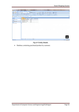 Smart Shopping System
Department of Computer Science and Engineering,JCE,Belagavi Page 42
Fig 6.9 Trolley Details.
 Database containing purchased product by customer.
 