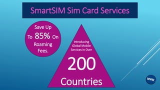 SmartSIM Sim Card Services
Introducing
Global Mobile
Services In Over
200
Countries
Save Up
To 85% On
Roaming
Fees.
 