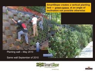 SmartSlope creates a vertical planting
                              bed --- green-space, at an angle of
                              inclination not possible otherwise




Planting wall – May 2010

Same wall September of 2010
 