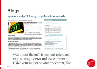 Blogs Return of the 20’s (short-cut reference) 41,000 page views and 154 comments. Give your audience what they want/like   |   
