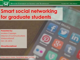 Smart social networking
for graduate students
Presented by:
Andrew Careaga
Director of Communications
@MissouriSandT
Oct. 23, 2013
#SmartSocialGrad

Photo: Jason A. Howie, “Social Media Apps,” on Flickr

 