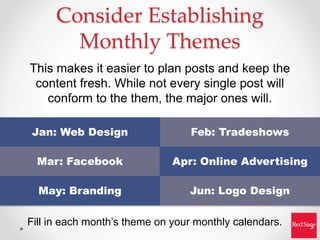Make posting easier – reuse content
•
•
One newsletter could
potentially generate 4
Facebook posts and
up to 8 Twitter pos...