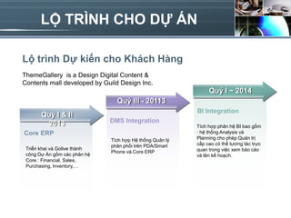LỘ TRÌNH CHO DỰ ÁN

Lộ trình Dự kiến cho Khách Hàng
ThemeGallery is a Design Digital Content &
Contents mall developed by Guild Design Inc.
                                                               Quý I ~ 2014
                                Quý III - 20113
                                                          BI Integration
       Quý I & II
        2013                  DMS Integration
                                                          Tích hợp phân hệ BI bao gồm
Core ERP                                                  : hệ thống Analysis và
                              Tích hợp Hệ thống Quản lý   Planning cho phép Quản trị
                              phân phối trên PDA/Smart    cấp cao có thể tương tác trực
 Triển khai và Golive thành                               quan trong việc xem báo cáo
                              Phone và Core ERP
 công Dự Án gồm các phân hệ                               và lên kế hoạch.
 Core : Financial, Sales,
 Purchasing, Inventory,…
 