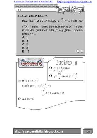 http://meetabied.wordpress.com 120
16. UAN 2003/P-1/No.17
Diketahui f(x) = x +2 dan g(x) =
x
15
untuk x ≠ 0. Jika
f-1
(x) ...