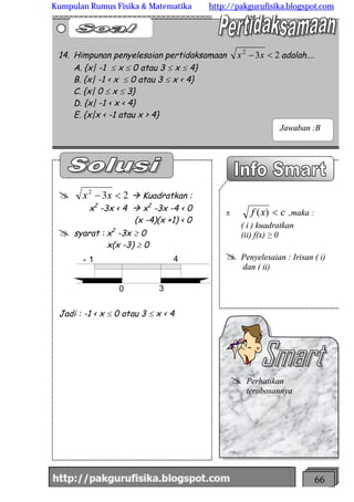 http://meetabied.wordpress.com 66
p cxf <)( ,maka :
( i ) kuadratkan
(ii) f(x) ≥ 0
@ Penyelesaian : Irisan ( i)
dan ( ii)
@ 232
<- xx à Kuadratkan :
x2
-3x < 4 à x2
-3x -4 < 0
(x -4)(x +1) < 0
@ syarat : x2
-3x ³ 0
x(x -3) ³ 0
- 1 4
0 3
Jadi : -1 < x £ 0 atau 3 £ x < 4
14. Himpunan penyelesaian pertidaksamaan 232
<- xx adalah….
A. {x| -1 £ x £ 0 atau 3 £ x £ 4}
B. {x| -1 < x £ 0 atau 3 £ x < 4}
C. {x| 0 £ x £ 3}
D. {x| -1 < x < 4}
E. {x|x < -1 atau x > 4}
@ Perhatikan
terobosannya
Jawaban :B
Kumpulan Rumus Fisika & Matematika http://pakgurufisika.blogspot.com
 