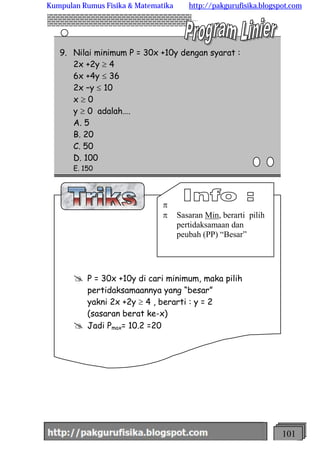http://meetabied.wordpress.com 101
6
4
4
9. Nilai minimum P = 30x +10y dengan syarat :
2x +2y ³ 4
6x +4y £ 36
2x –y £ 10
x ³ 0
y ³ 0 adalah….
A. 5
B. 20
C. 50
D. 100
E. 150
@ P = 30x +10y di cari minimum, maka pilih
pertidaksamaannya yang “besar”
yakni 2x +2y ³ 4 , berarti : y = 2
(sasaran berat ke-x)
@ Jadi Pmax= 10.2 =20
p
p Sasaran Min, berarti pilih
pertidaksamaan dan
peubah (PP) “Besar”
Kumpulan Rumus Fisika & Matematika http://pakgurufisika.blogspot.com
 