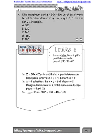 http://meetabied.wordpress.com 96
4. Nilai maksimum dari z = 30x +20y untuk (x ,y) yang
terletak dalam daerah x +y £ 6, x +y ³ 3, 2 £ x £ 4
dan y ³ 0 adalah…
A. 100
B. 120
C. 140
D. 160
E. 180
@ Z = 30x +20y à ambil nilai x pertidaksamaan
kecil pada interval 2 £ x £ 4, berarti x = 4
@ x = 4 substitusi ke x + y = 6 di dapat y=2.
Dengan demikian nilai z maksimum akan di capai
pada titik (4 ,2)
@ zmax = 30.4 +20.2 = 120 + 40 = 160
p
p Sasaran Max, berarti pilih
pertidaksamaan dan
peubah (PP) “Kecil”
Kumpulan Rumus Fisika & Matematika http://pakgurufisika.blogspot.com
 