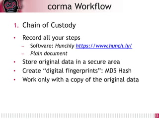 1. Chain of Custody
• Record all your steps
 Software: Hunchly https://www.hunch.ly/
 Plain document
• Store original da...