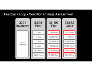 Feedback Loop - Condition Change Assessment
2001
Inventory
2014
Inventory
5,698
Poor
3 Dead
145 Poor
11 Fair
0 Good
293 Plant
5,246 New
38,199
Fair
298 Dead
3,445 Poor
26,830 Fair
962 Good
1,365 Plant
5,299 New
25,632
Good
259 Dead
717 Poor
8,952 Fair
9,783 Good
1,878 Plant
4,043 New
 
