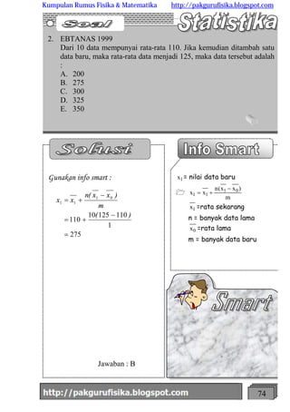 http://meetabied.wordpress.com 74
2. EBTANAS 1999
Dari 10 data mempunyai rata-rata 110. Jika kemudian ditambah satu
data b...