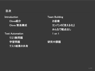 目次
Introduction
Clova紹介
Clova 簡易構成
Test Automation
クエリ数問題
学習問題
テスト結果の共有
Team Building
お昼寝
カンバンの『見える化』
みんなで観点出し
1 on 1
研究中課題
 