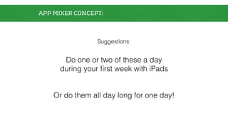 APP MIXER CONCEPT: 
Suggestions: 
Do one or two of these a day 
during your first week with iPads 
Or do them all day long for one day! 
 
