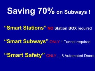 Since York Subway ...
Saving 70% on Subways !
“Smart Stations” NO Station BOX required
“Smart Subways” ONLY 1 Tunnel required
“Smart Safety” ONLY ... 8 Automated Doors
 