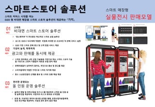 비대면 스마트 스토어 솔루션
스마트
✓ “중소벤처부”가 추진중인 혁신적인 스마트 상점 솔루션
✓ 포스트 코로나 19시대에 적합한 비접촉-비대면 온-오프라인 직-판매 서비스 실현
✓ O2O 기반 스마트 판매 광고 및 고객 접점 서비스 제공
01
KEY
광고와 판매를 동시에 제공
가성비 높게, 똑똑하게
✓ 스마트 장터에서, 4차 산업 기술들을 기반으로 하는 스마트 스토어 기술
을 기반으로 고정비 지출없이 새로운 로컬 장터 제공
✓ 판매직원들이 상주하지 않아도, 무인으로 홍보 및 광고를 제공
✓ 소비자들에게 저렴한 가격으로 스마트 직거래 제공
✓ 중소 소상공인들의 신제품 홍보 및 스마트 유통 채널 제공
02
KEY
스마트스토어 솔루션
올 인원 운영 솔루션
편리한 운영되는
✓ 솔루션 렌탈 및 위탁사업을 비즈니스를 제공하여 고객의 올 인원 운
영 솔루션을 제공하여, 사업자의 리스크 회피와 수익창출
✓ 운영 후, 지속적인 데이터 분석및 운영을 통해, 운영사업자분들에게
성과 피드백을 제공하여, 사업성 관리 분석 결과 제공
03
KEY
스마트 커머스 시대를 여는
O2O 형 비대면 매장용 스마트 스토어 솔루션이 제공하는 『가치』
실물전시 판매모델
스마트 매장형
 