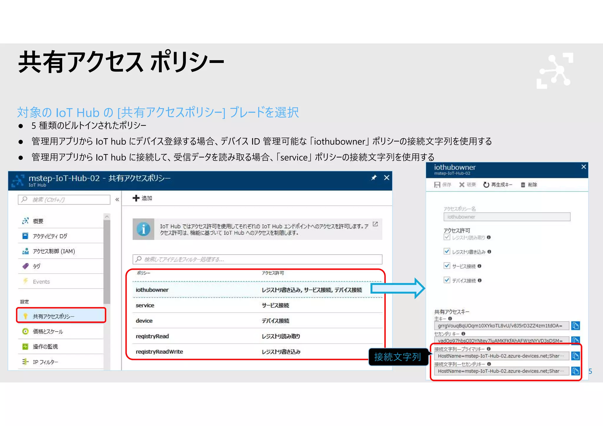 45
対象の IoT Hub の [共有アクセスポリシー] ブレードを選択
 5 種類のビルトインされたポリシー
 管理用アプリから IoT hub にデバイス登録する場合、デバイス ID 管理可能な 「iothubowner」 ポリシーの接続文字列を使用する
 管理用アプリから IoT hub に接続して、受信データを読み取る場合、「service」 ポリシーの接続文字列を使用する
共有アクセス ポリシー
接続文字列
 