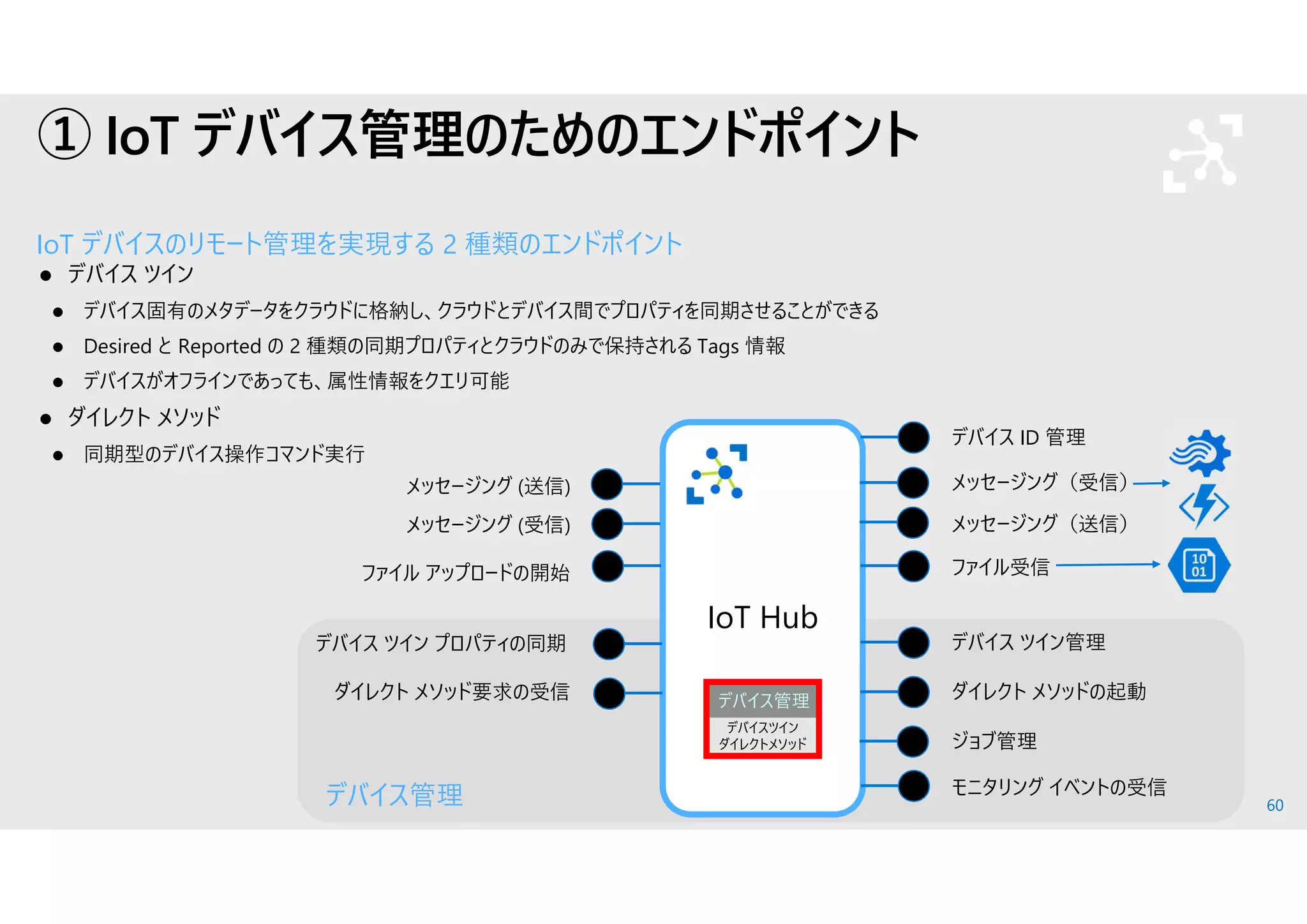 60
IoT デバイスのリモート管理を実現する 2 種類のエンドポイント
 デバイス ツイン
 デバイス固有のメタデータをクラウドに格納し、クラウドとデバイス間でプロパティを同期させることができる
 Desired と Reported の 2 種類の同期プロパティとクラウドのみで保持される Tags 情報
 デバイスがオフラインであっても、属性情報をクエリ可能
 ダイレクト メソッド
 同期型のデバイス操作コマンド実行
IoT Hub
① IoT デバイス管理のためのエンドポイント
デバイス ID 管理
メッセージング（受信）
メッセージング（送信）
デバイス ツイン管理
ダイレクト メソッドの起動
ジョブ管理
モニタリング イベントの受信
ファイル受信
メッセージング (受信)
メッセージング (送信)
ファイル アップロードの開始
デバイス ツイン プロパティの同期
ダイレクト メソッド要求の受信
デバイス管理
デバイスツイン
ダイレクトメソッド
デバイス管理
 