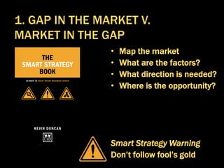 • Map the market
• What are the factors?
• What direction is needed?
• Where is the opportunity?
Smart Strategy Warning
Don’t follow fool’s gold
1. GAP IN THE MARKET V.
MARKET IN THE GAP
 