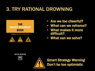 • Are we too cheerful?
• What can we reframe?
• What makes it more
difficult?
• What can we solve?
Smart Strategy Warning
Don’t be too optimistic
3. TRY RATIONAL DROWNING
 