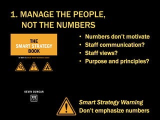 • Numbers don’t motivate
• Staff communication?
• Staff views?
• Purpose and principles?
Smart Strategy Warning
Don’t emphasize numbers
1. MANAGE THE PEOPLE,
NOT THE NUMBERS
 