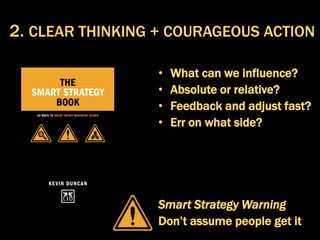 • What can we influence?
• Absolute or relative?
• Feedback and adjust fast?
• Err on what side?
Smart Strategy Warning
Don’t assume people get it
2. CLEAR THINKING + COURAGEOUS ACTION
 