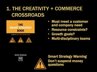 • Must meet a customer
and company need
• Resource constraints?
• Growth goals?
• Multi-disciplinary teams
Smart Strategy Warning
Don’t suspend money
questions
1. THE CREATIVITY + COMMERCE
CROSSROADS
 