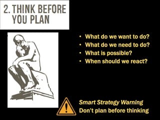 • What do we want to do?
• What do we need to do?
• What is possible?
• When should we react?
Smart Strategy Warning
Don’t plan before thinking
 