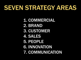 SEVEN STRATEGY AREAS
1. COMMERCIAL
2. BRAND
3. CUSTOMER
4. SALES
5. PEOPLE
6. INNOVATION
7. COMMUNICATION
 