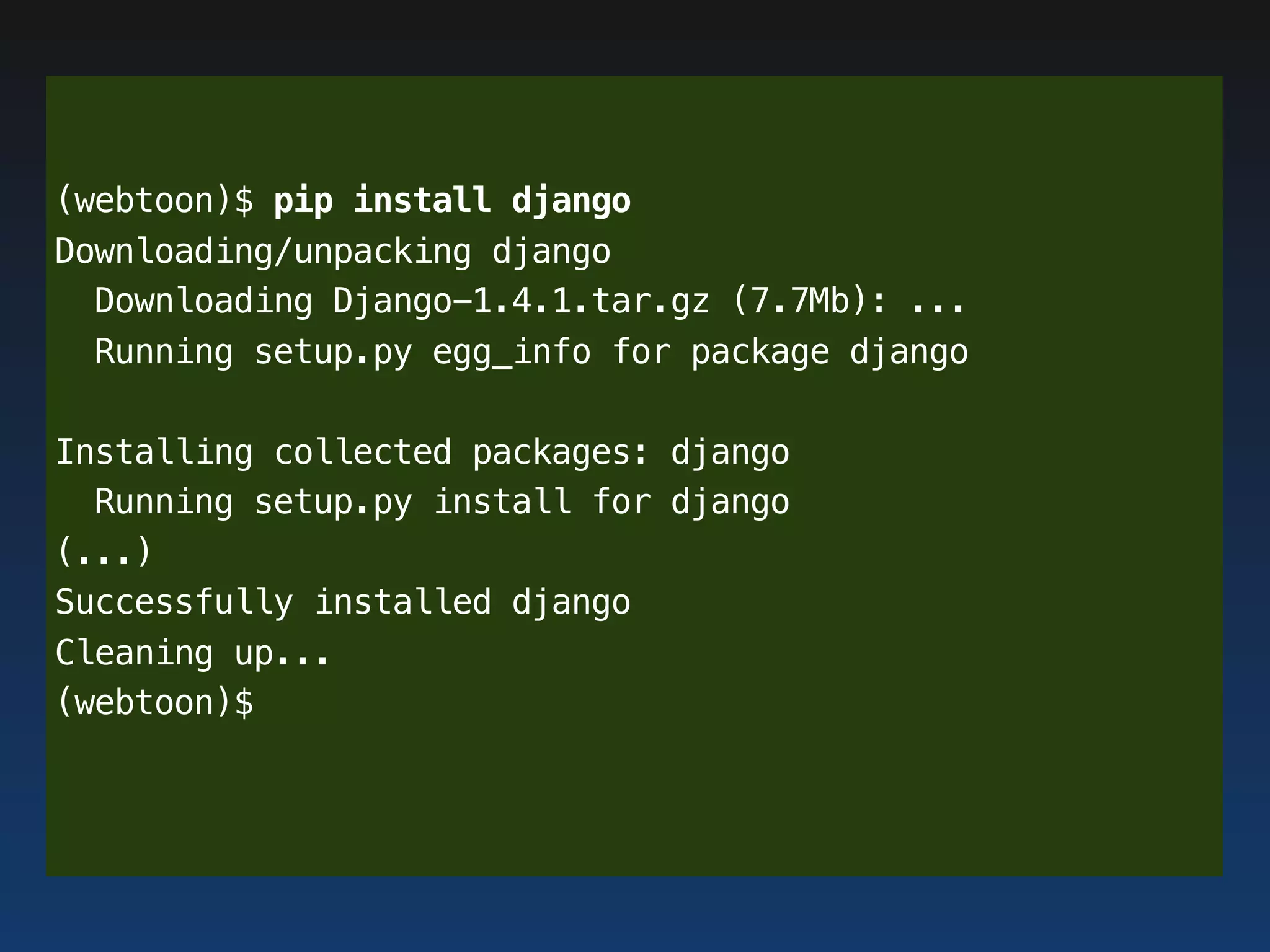 (webtoon)$ pip install django
Downloading/unpacking django
  Downloading Django-1.4.1.tar.gz (7.7Mb): ...
  Running setup.py egg_info for package django

Installing collected packages: django
  Running setup.py install for django
(...)
Successfully installed django
Cleaning up...
(webtoon)$
 