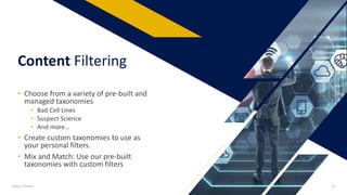 • Choose from a variety of pre-built and
managed taxonomies
• Bad Cell Lines
• Suspect Science
• And more…
• Create custom taxonomies to use as
your personal filters.
• Mix and Match: Use our pre-built
taxonomies with custom filters
Content Filtering
Add a footer 11
 