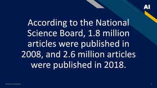 AI
Access Innovations 3
According to the National
Science Board, 1.8 million
articles were published in
2008, and 2.6 million articles
were published in 2018.
 
