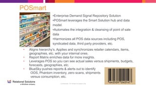 Confidential - for limited circulation only
POSmart
•Enterprise Demand Signal Repository Solution
•POSmart leverages the Smart Solution hub and data
model.
•Automates the integration & cleansing of point of sale
data
•Harmonizes all POS data sources including POS,
syndicated data, third party providers, etc.
• Aligns hierarchy’s. Applies and synchronizes retailer calendars, items,
geographies, etc. with your internal ones.
• Report Matrix enriches data for more insights.
• Leverages POS so you can see actual sales versus shipments, budgets,
forecasts, geographies, etc.
• BlueSky pushes reports & alerts out to identify
OOS, Phantom inventory, zero scans, shipments
versus consumption, etc.
 