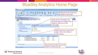 Confidential - for limited circulation only
BlueSky Analytics Home Page
Users Chose “Favorites” and
put those reports in folders they
create to show up on their
home page.
Alerts show up on your home
page. Users can create or
receive Alerts.
Severity level of alert can be set
based on criteria you set.
Multiple levels of Security
based on your login.
 